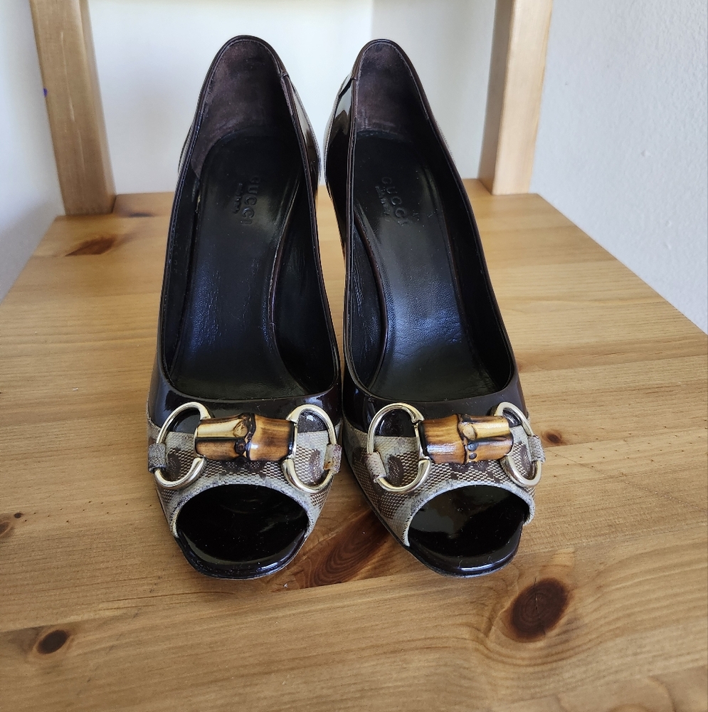 Gucci Horsebit Bamboo Monogram Patent Leather Vintage Peep Toe Heels, Sz.5.5B